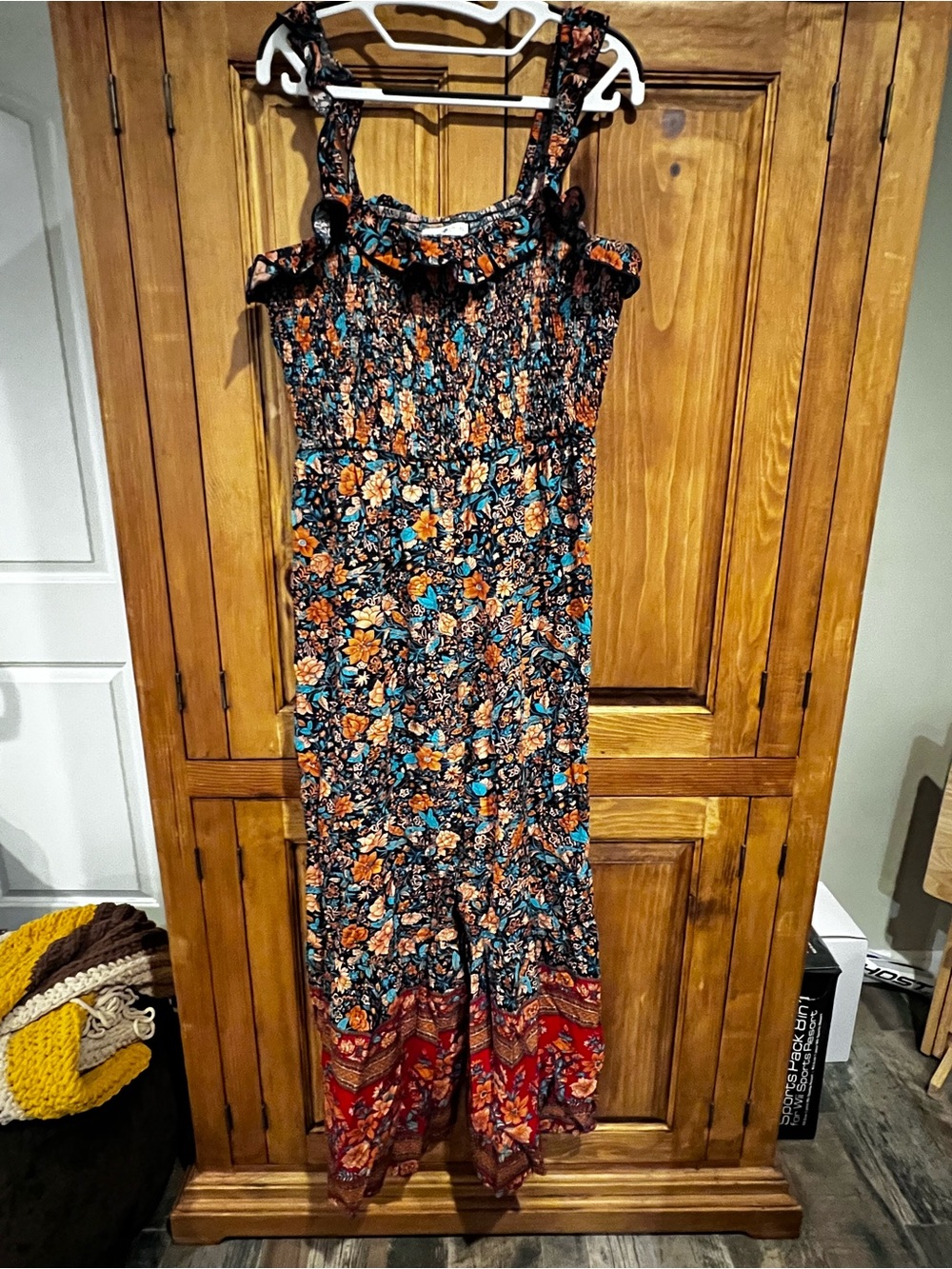 Smocked Floral Jumpsuit in Black, Blue & Orange